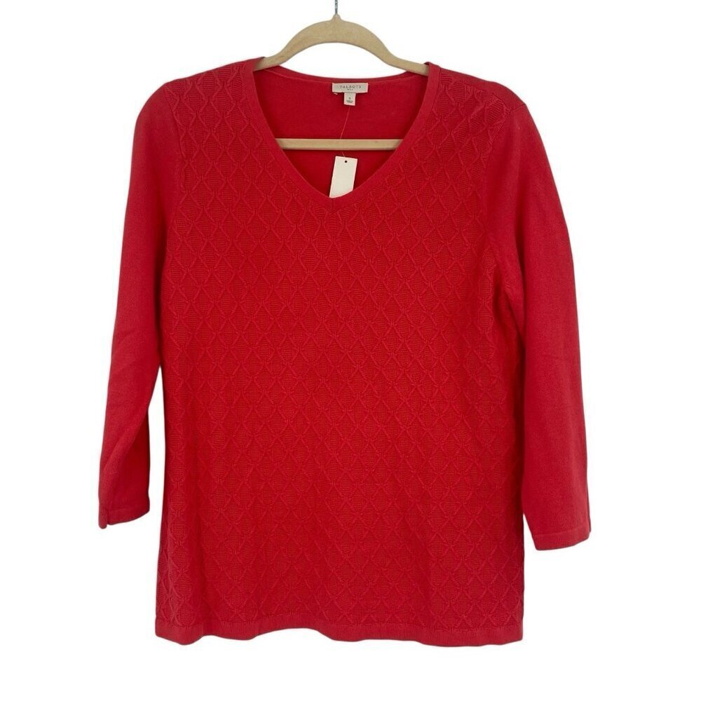 Talbots Size Small Coral 100% Cotton Cable Knit Sweater 3/4 Sleeve